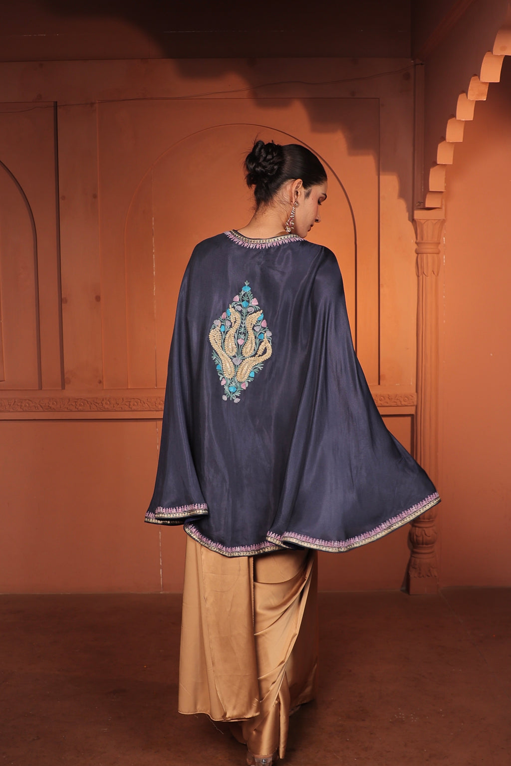 ADA WOOLEN EMBROIDED CAPE - BLUE