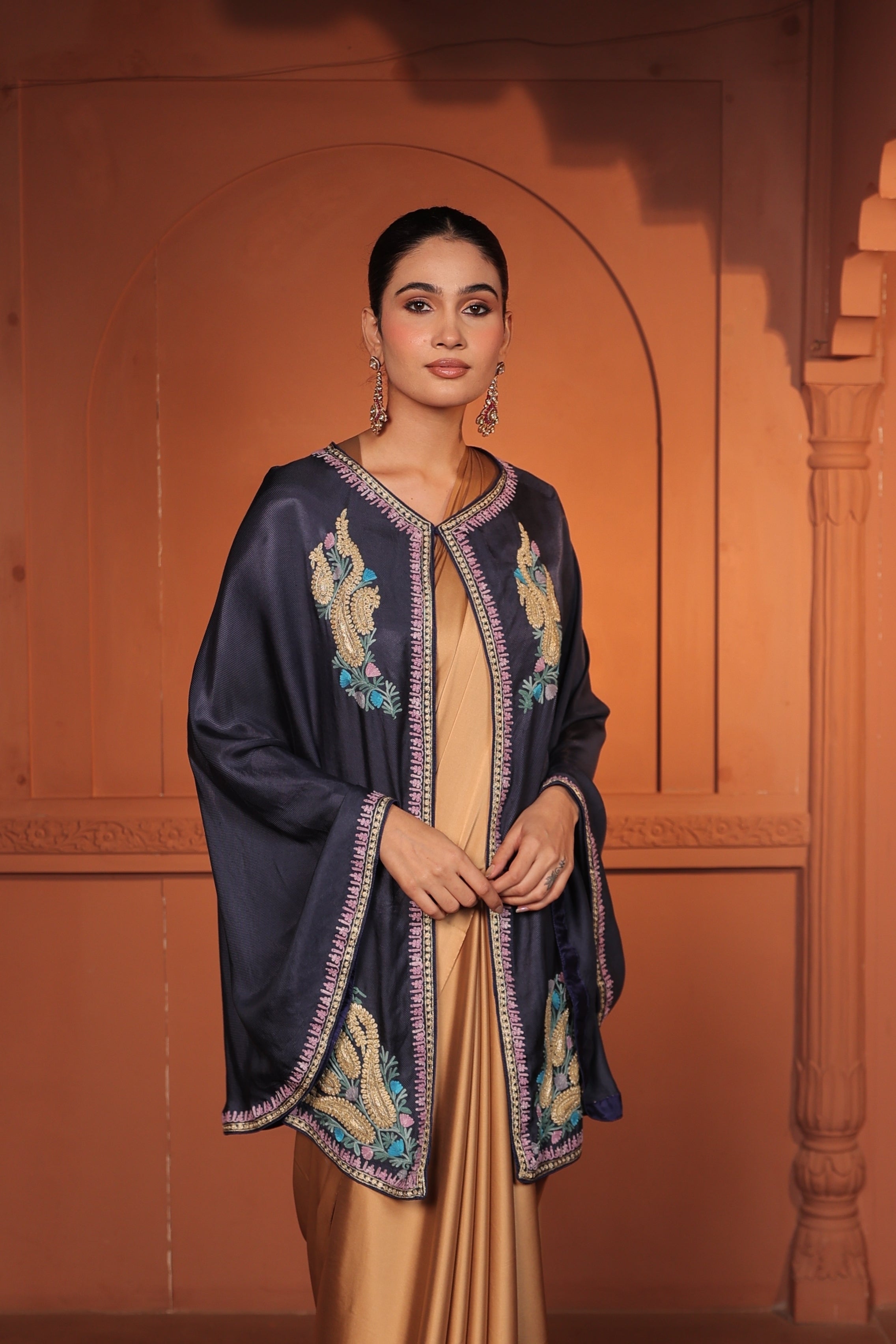 ADA WOOLEN EMBROIDED CAPE - BLUE