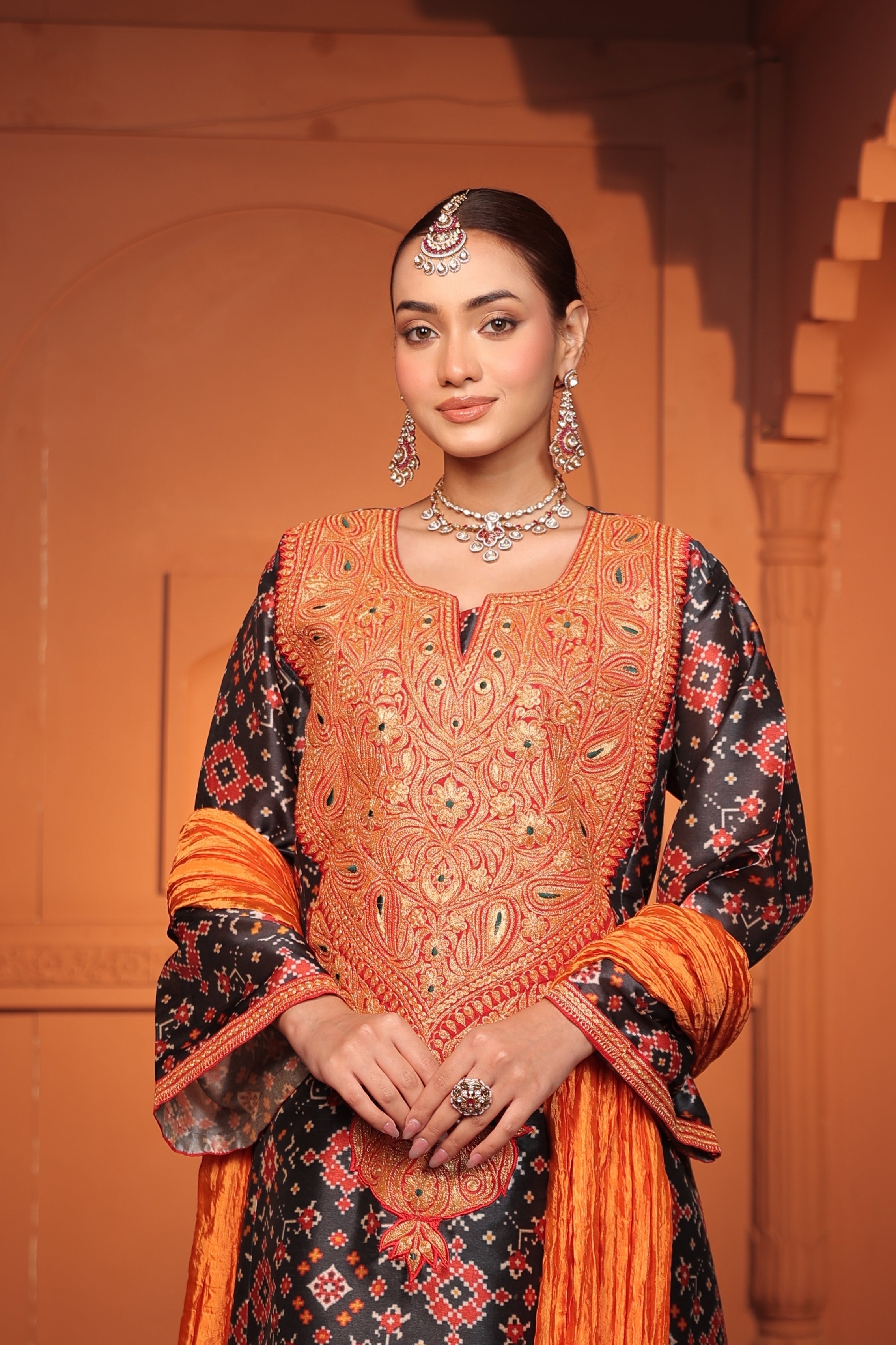 ALIYA  TILLA EMBROIDED PATOLA KURTA SET - BLACK