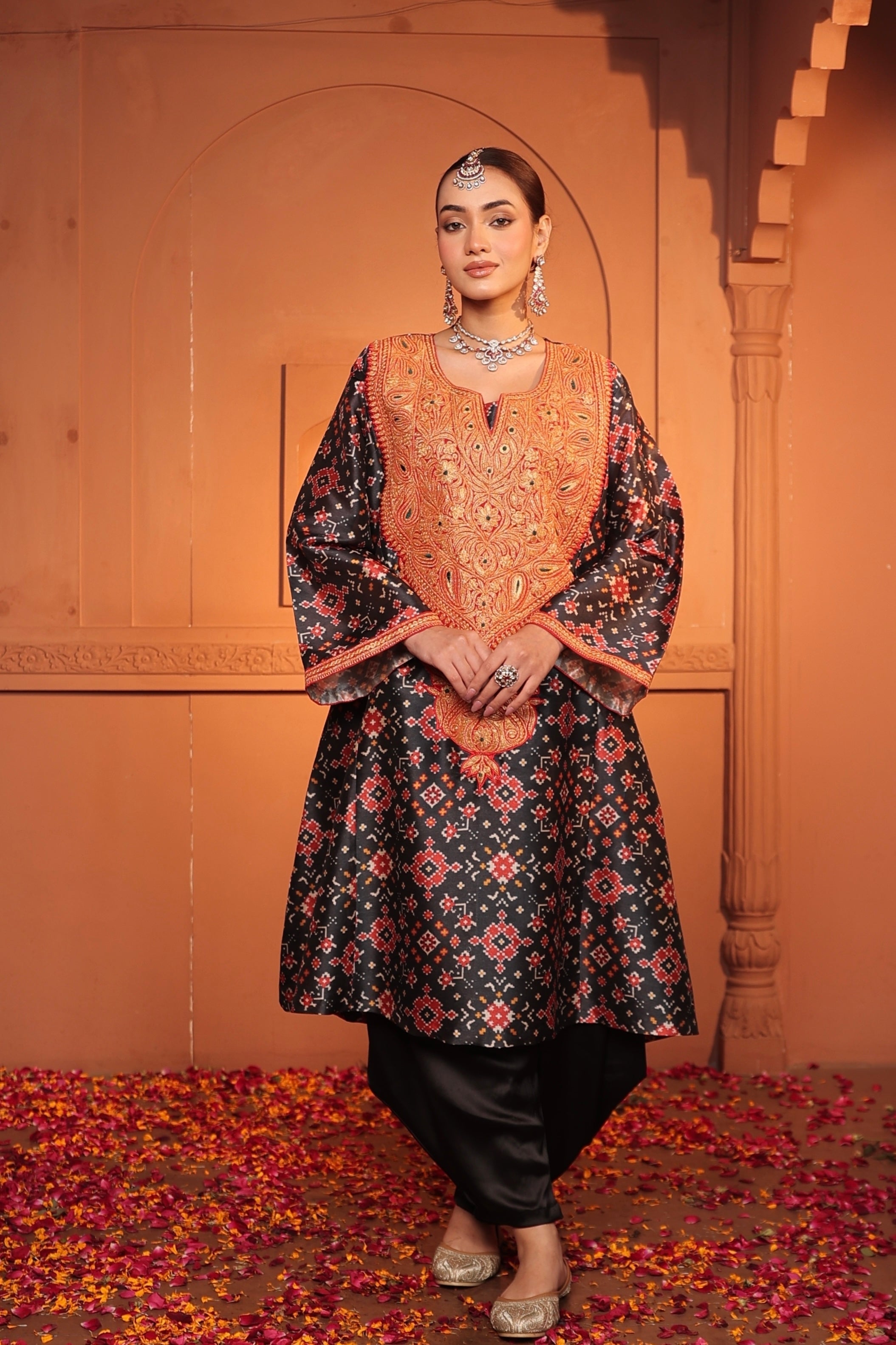 ALIYA  TILLA EMBROIDED PATOLA KURTA SET - BLACK