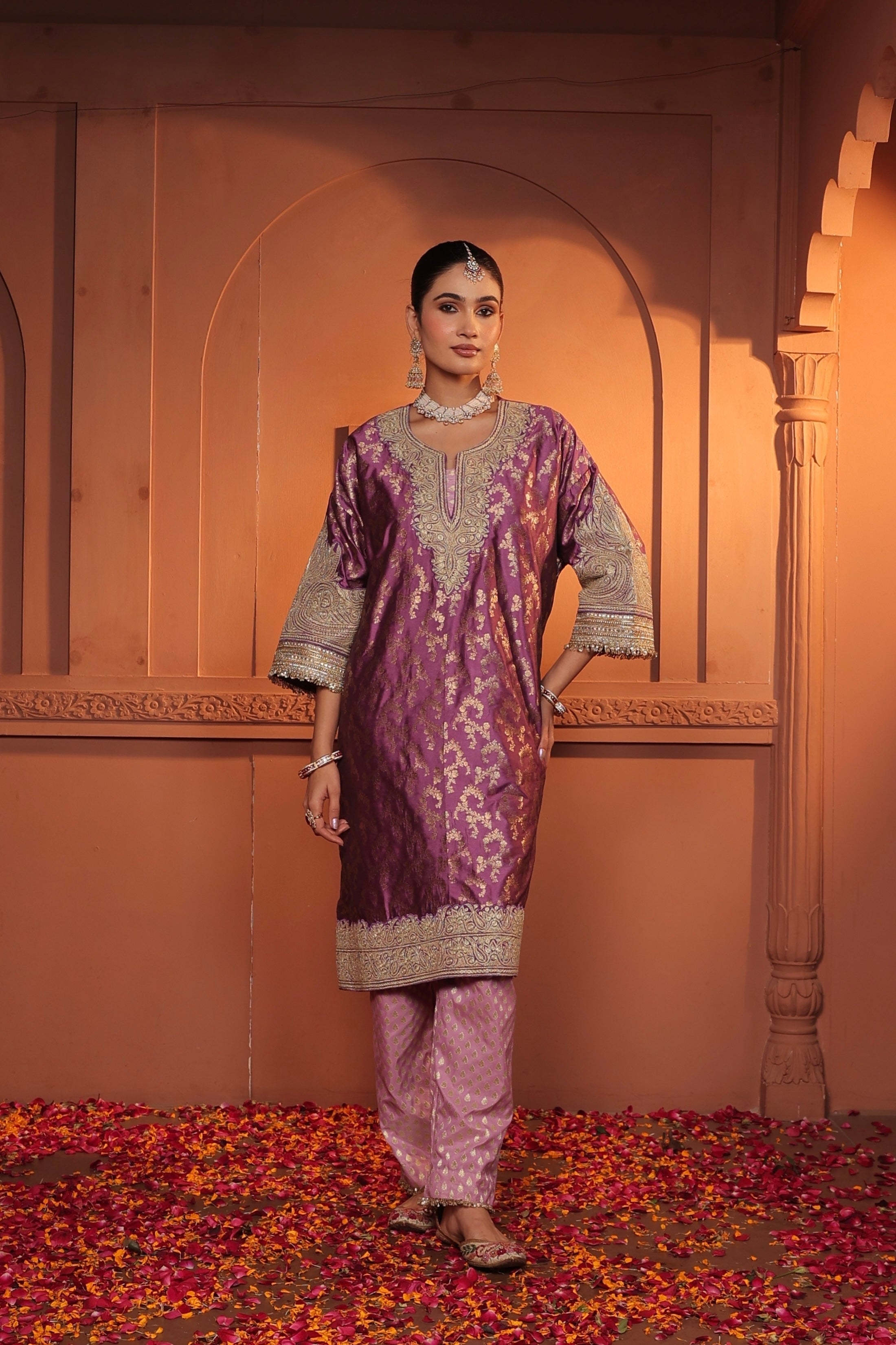 MEHER BROCADE TILLA EMBROIDERED KURTA SET - PURPLE