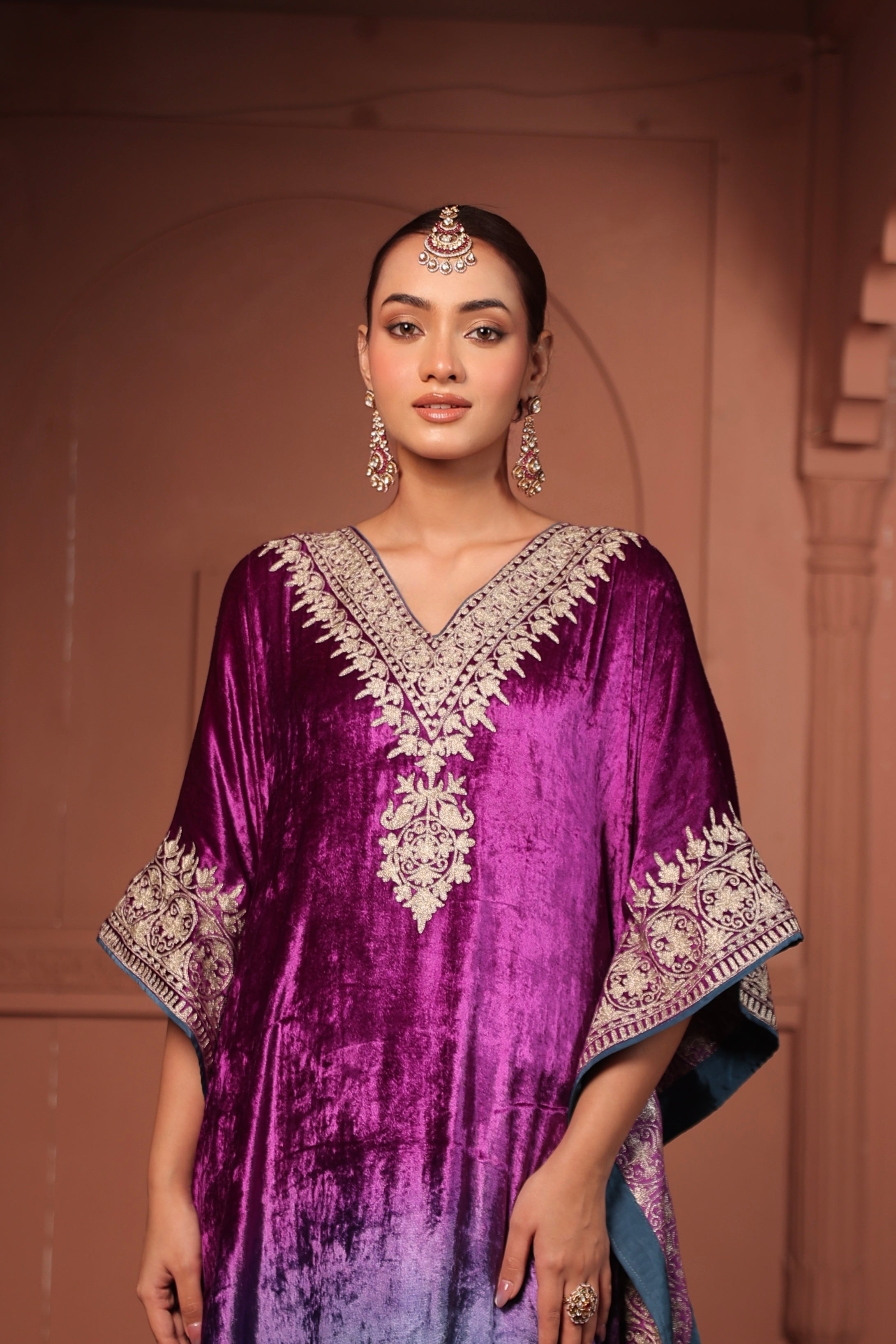 INAYAT TILLA EMBROIDED KAFTAN SET - OMBRE PURPLE BLUE