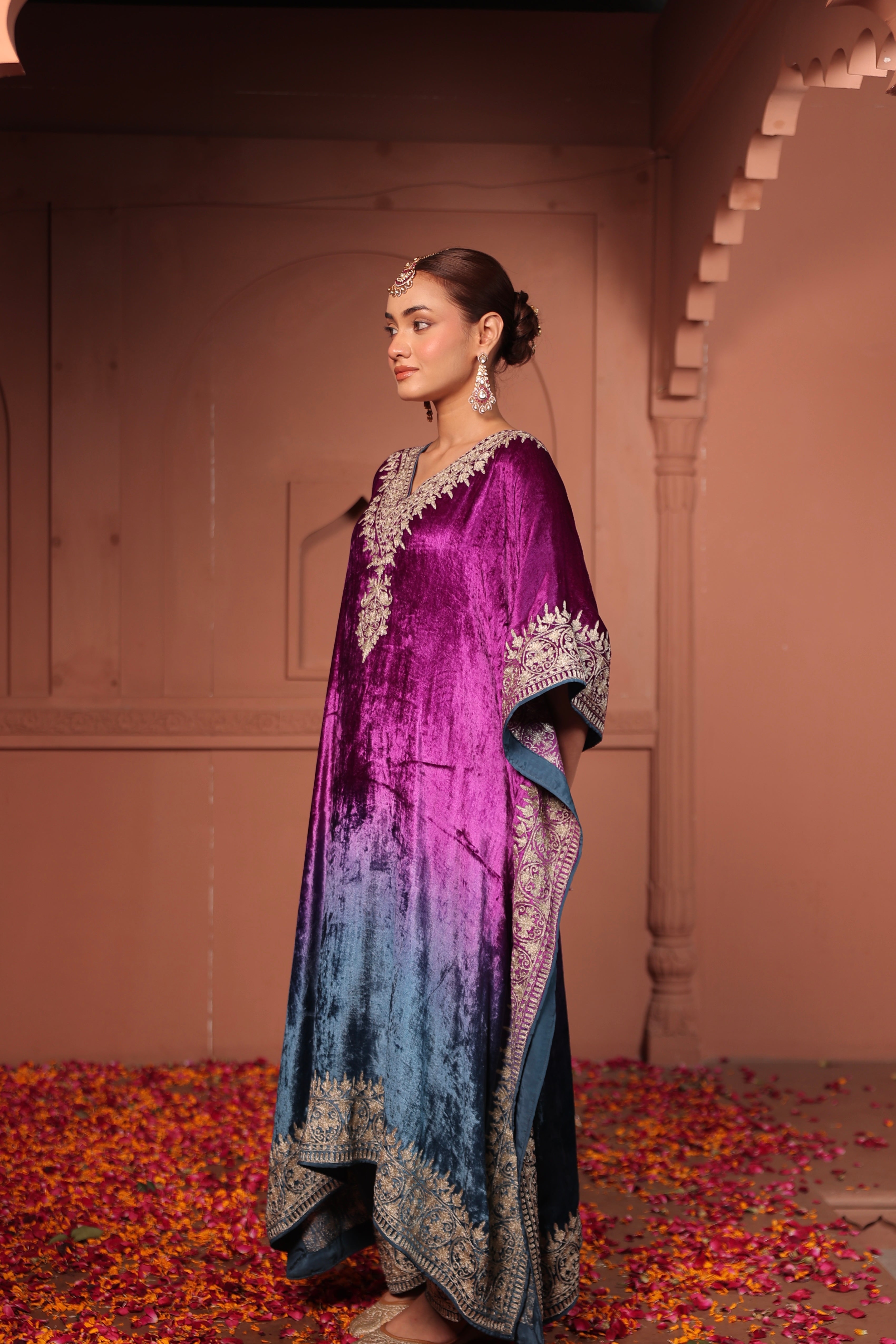 INAYAT TILLA EMBROIDED KAFTAN SET - OMBRE PURPLE BLUE