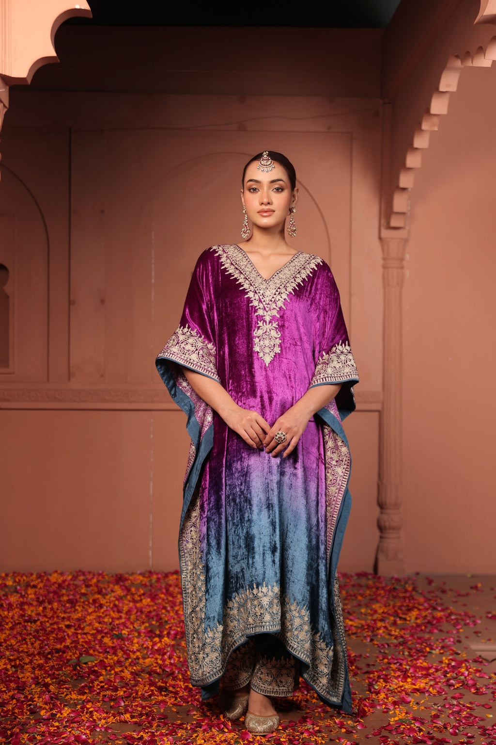 INAYAT TILLA EMBROIDED KAFTAN SET - OMBRE PURPLE BLUE