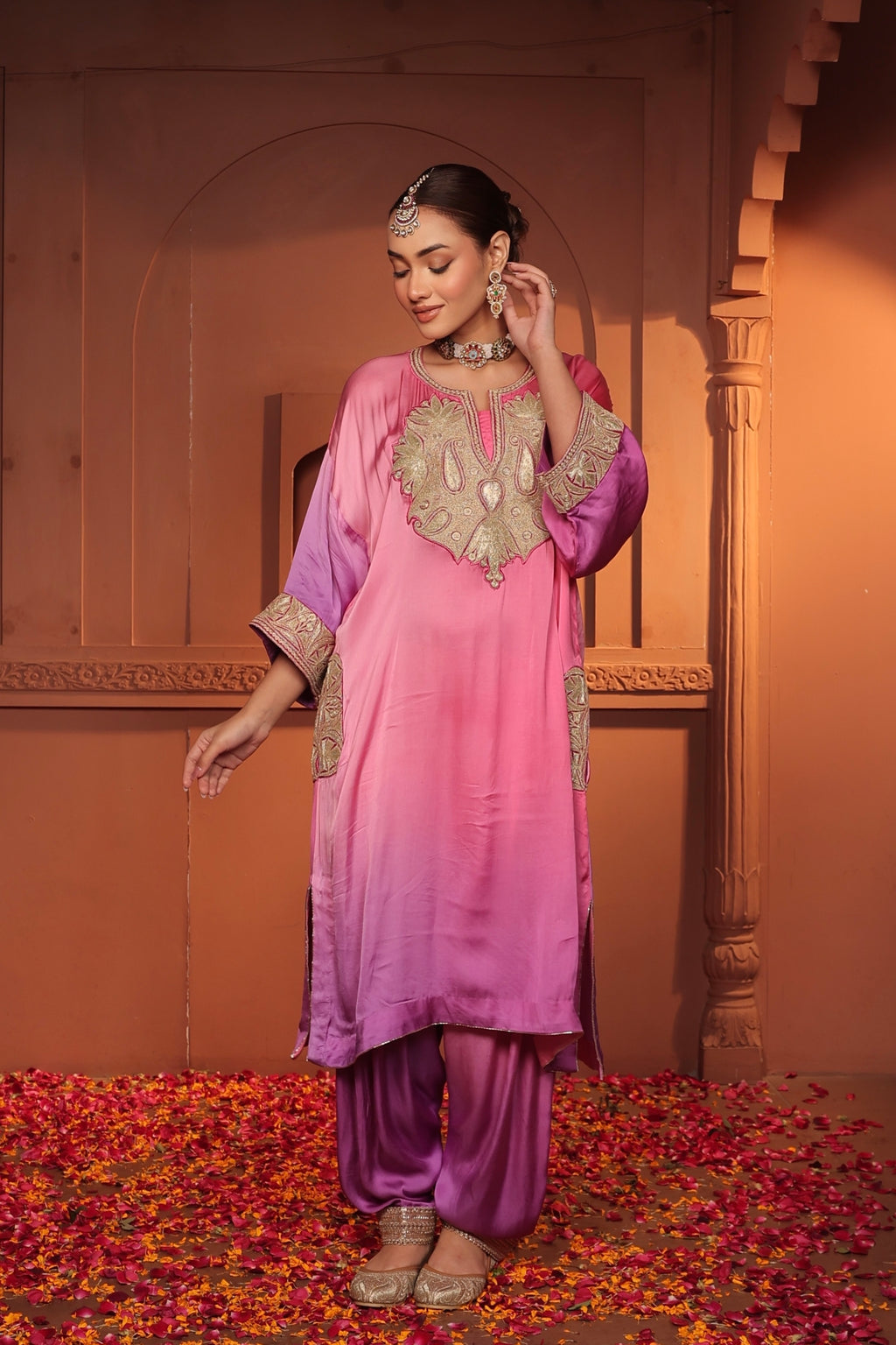 INAYA TILLA EMBROIDED PATOLA  KURTA SET - OMBRE PURPLE AND PINK