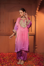 INAYA TILLA EMBROIDED PATOLA  KURTA SET - OMBRE PURPLE AND PINK