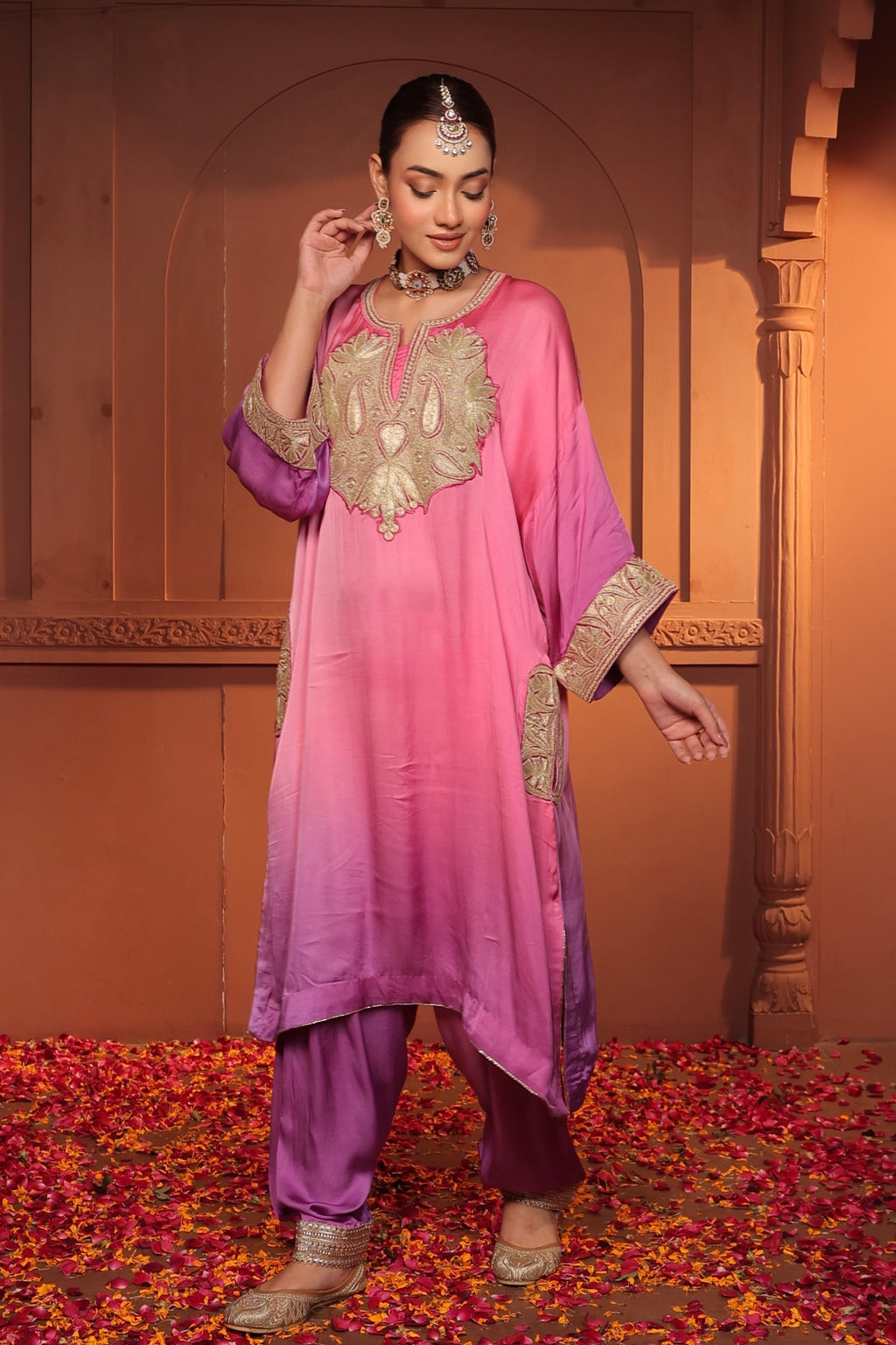 INAYA TILLA EMBROIDED PATOLA  KURTA SET - OMBRE PURPLE AND PINK