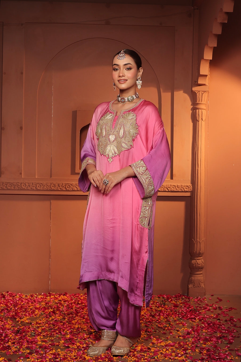 INAYA TILLA EMBROIDED PATOLA  KURTA SET - OMBRE PURPLE AND PINK