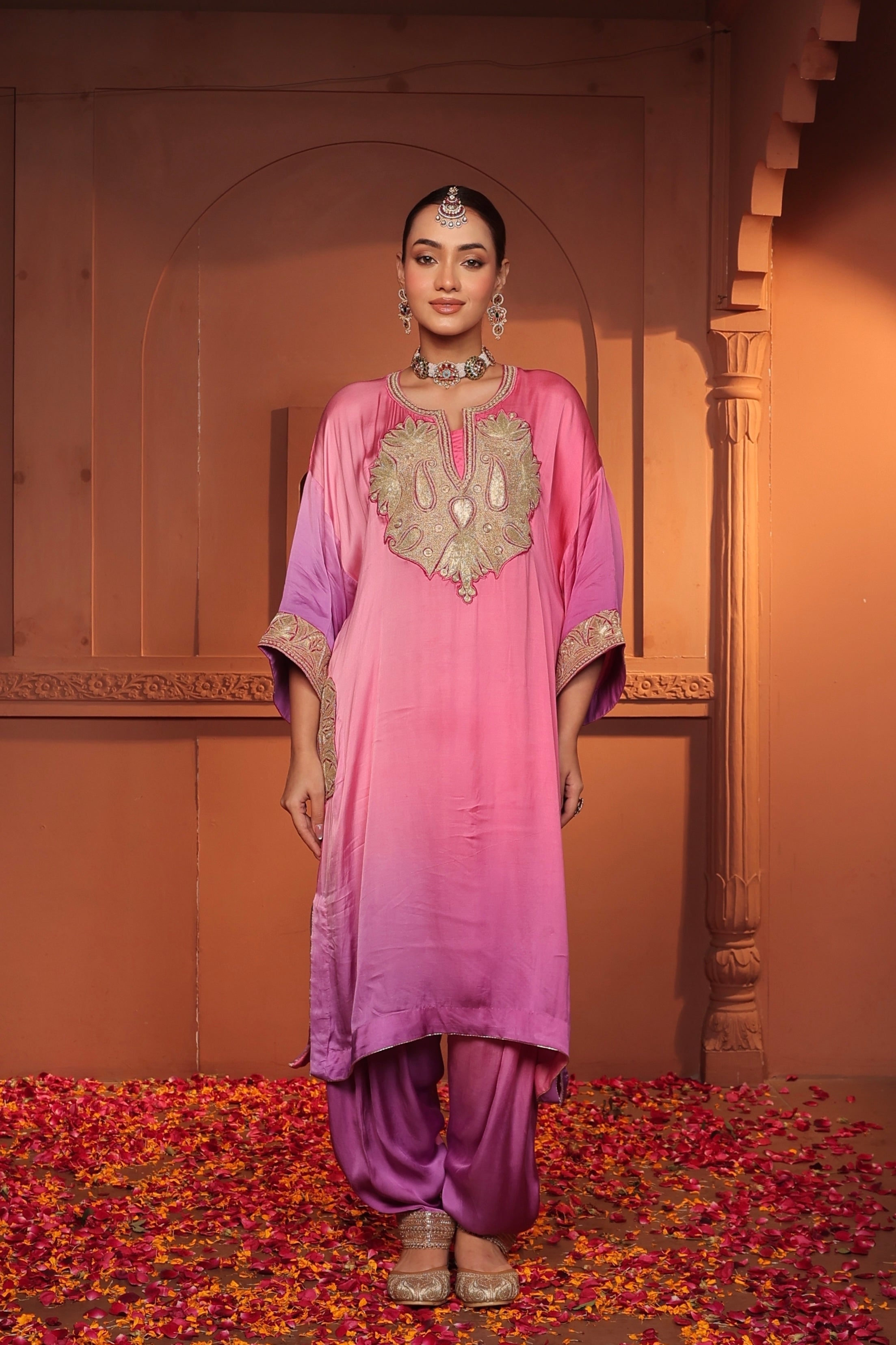 INAYA TILLA EMBROIDED PATOLA  KURTA SET - OMBRE PURPLE AND PINK