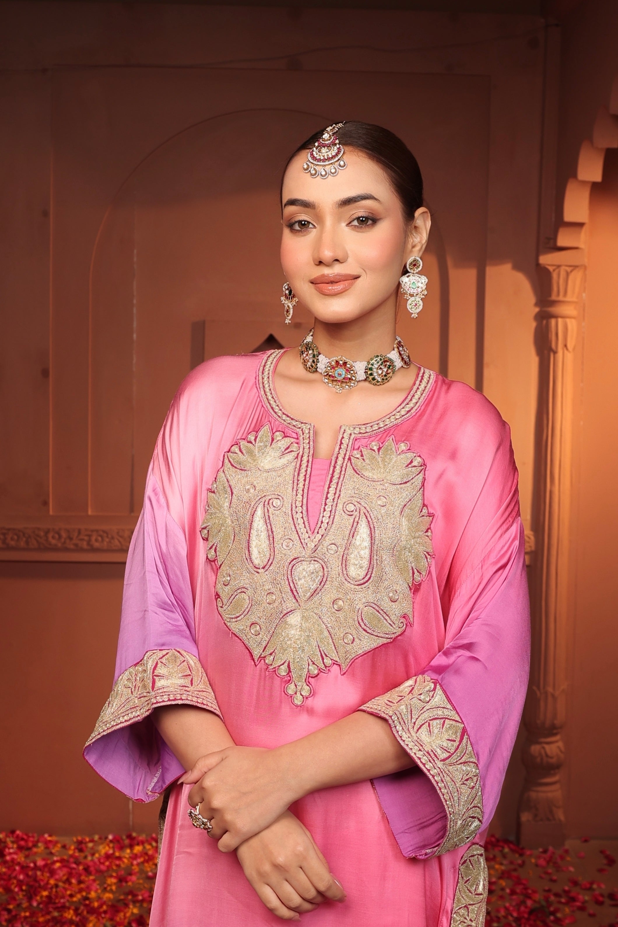 INAYA TILLA EMBROIDED PATOLA  KURTA SET - OMBRE PURPLE AND PINK