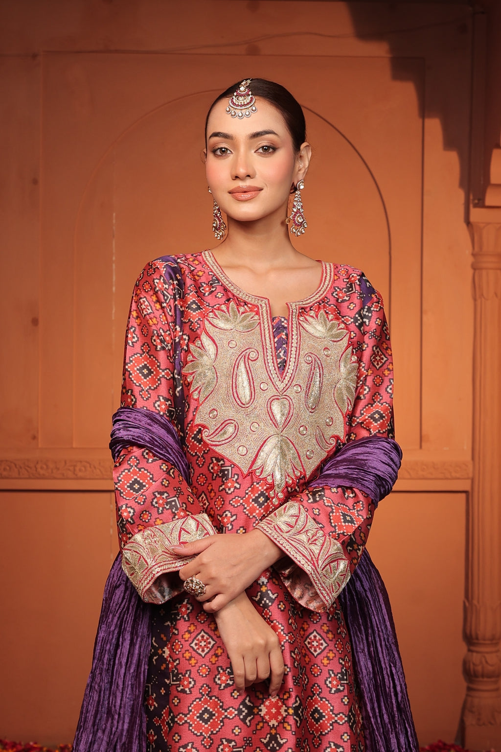 INAYA TILLA EMBROIDED PATOLA  KURTA SET - PURPLE AND PINK
