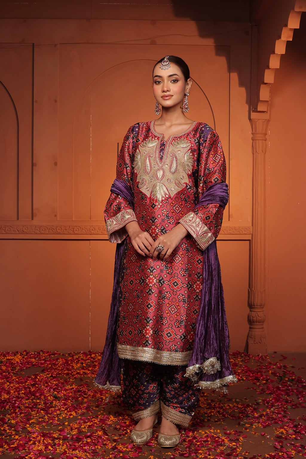 INAYA TILLA EMBROIDED PATOLA  KURTA SET - PURPLE AND PINK
