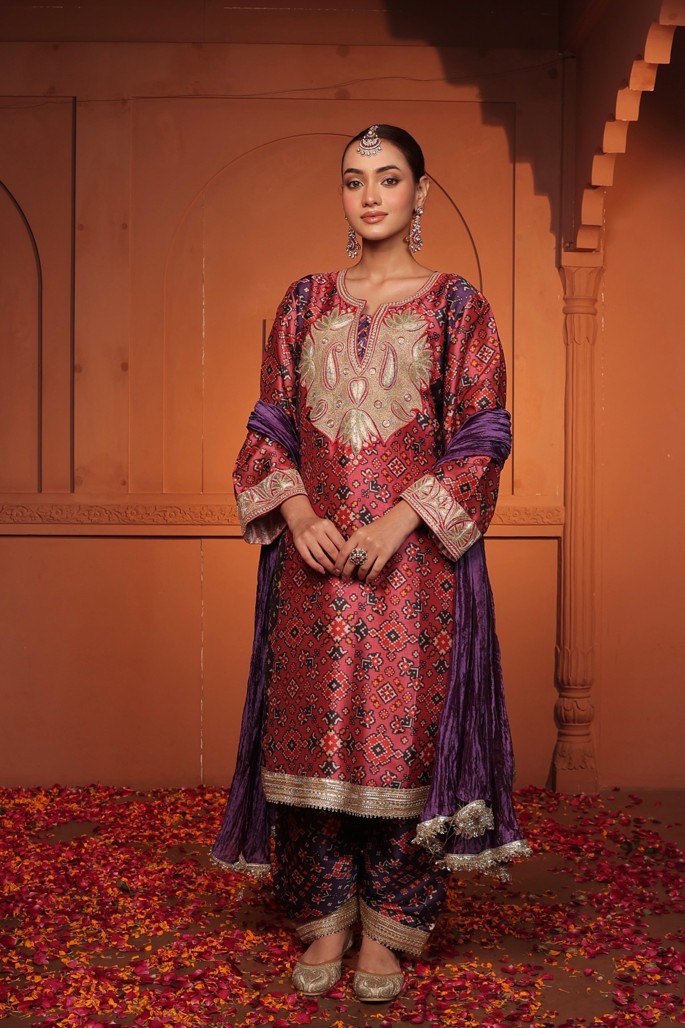 INAYA TILLA EMBROIDED PATOLA  KURTA SET - PURPLE AND PINK