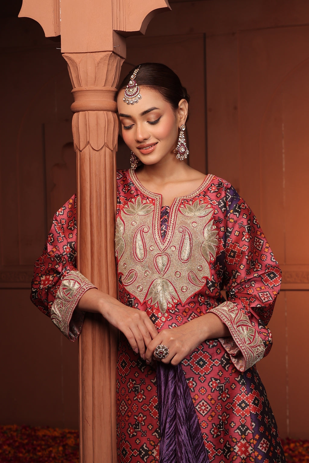 INAYA TILLA EMBROIDED PATOLA  KURTA SET - PURPLE AND PINK