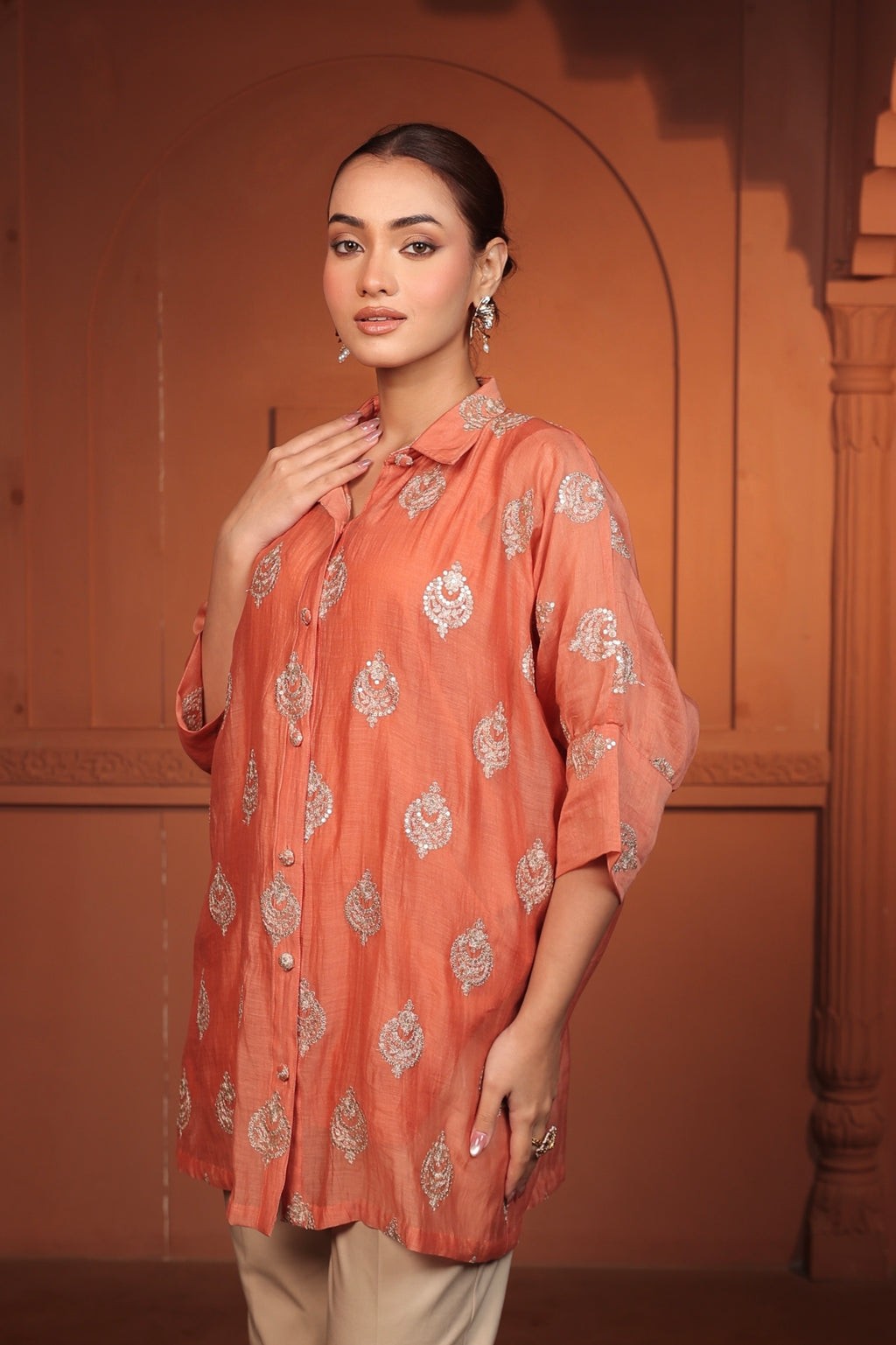 NAYAB EMBROIDED SHIRT - ORANGE