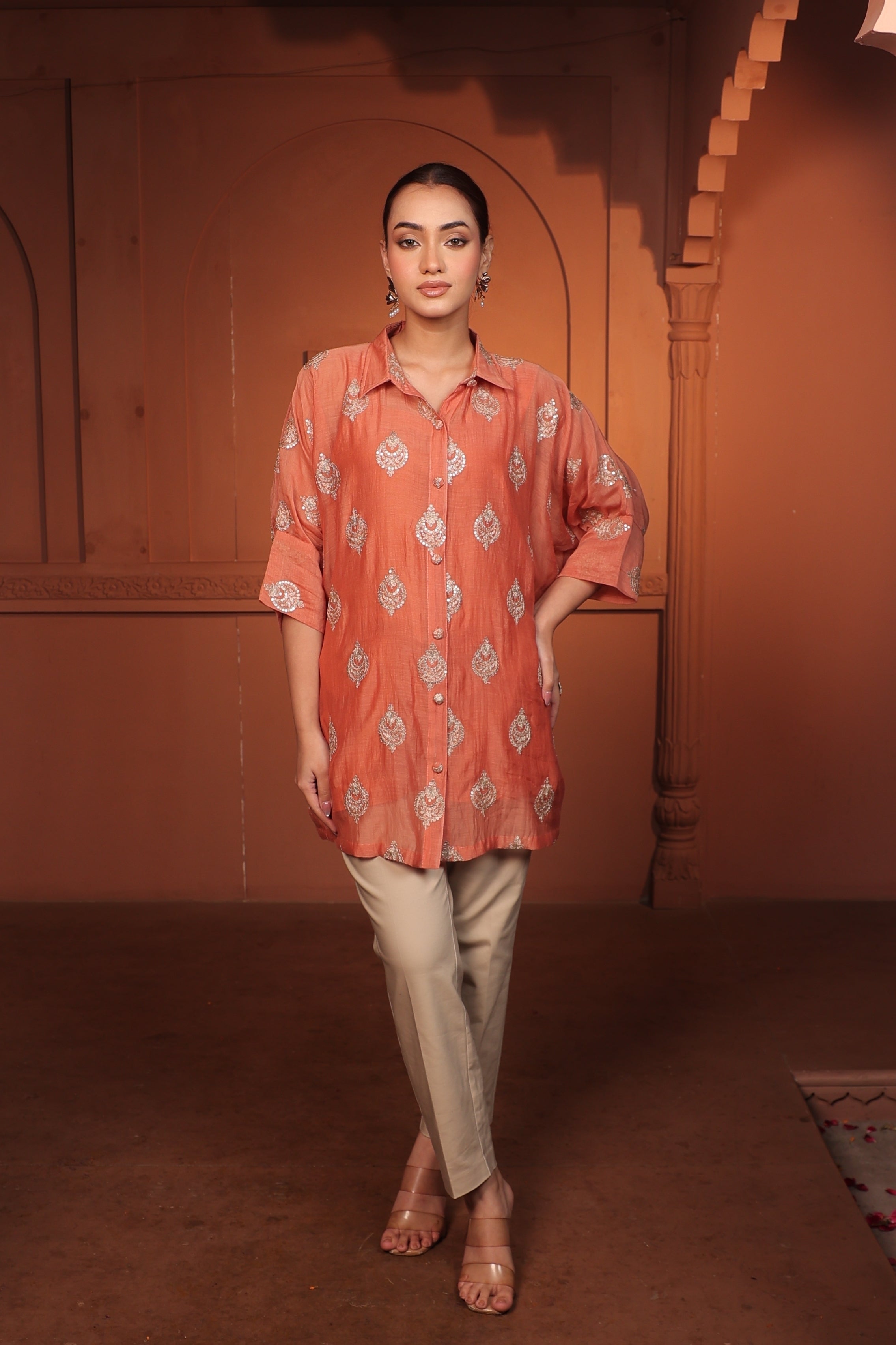 NAYAB EMBROIDED SHIRT - ORANGE