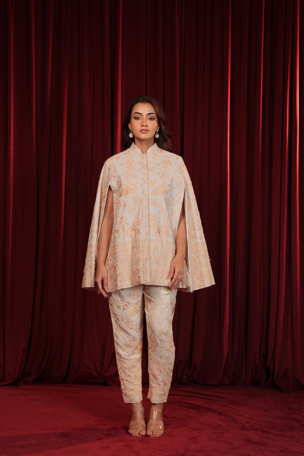 RUHAB GARA EMBROIDED CAPE COORD SET - WHITE