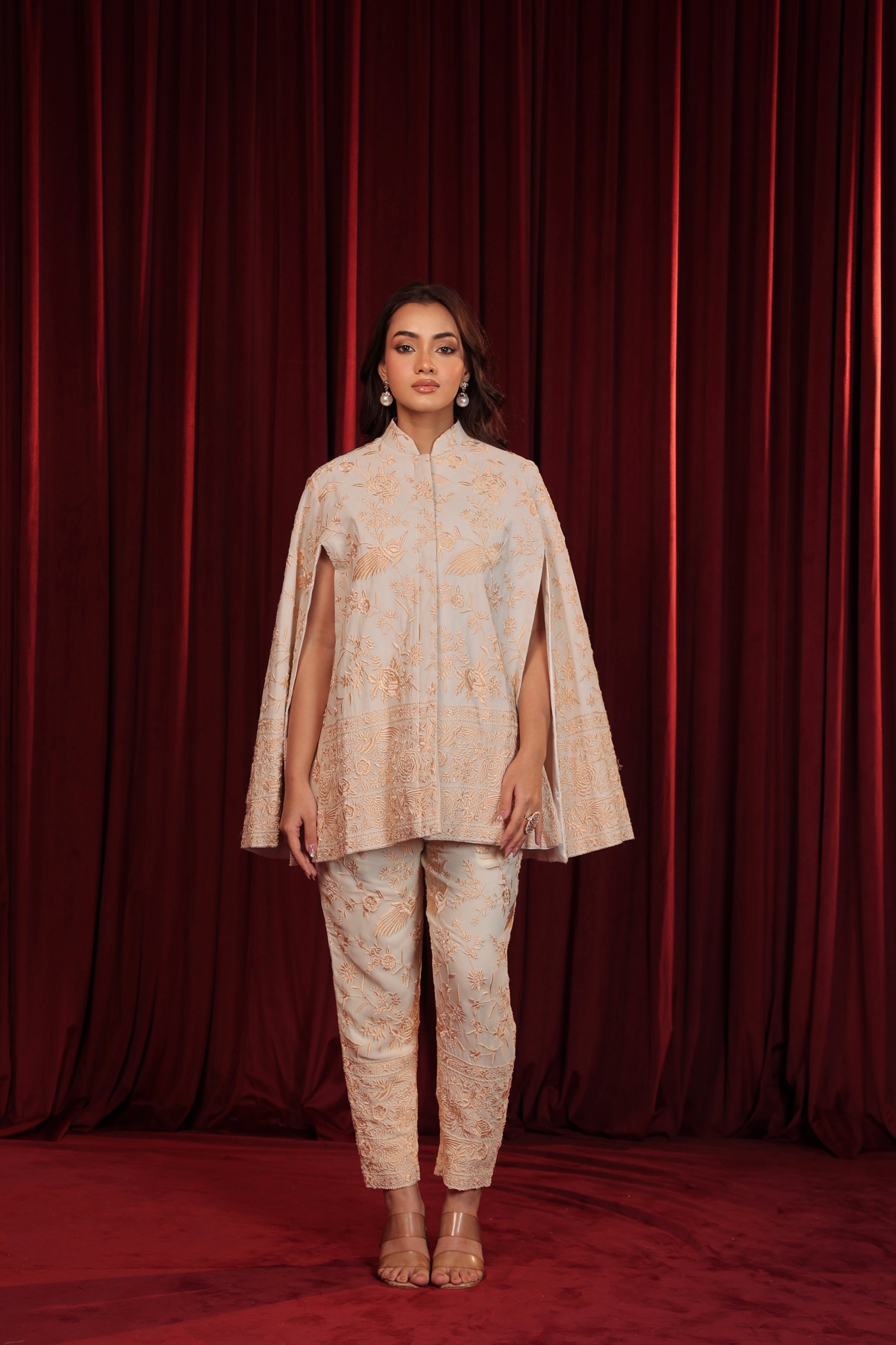 RUHAB GARA EMBROIDED CAPE COORD SET - WHITE