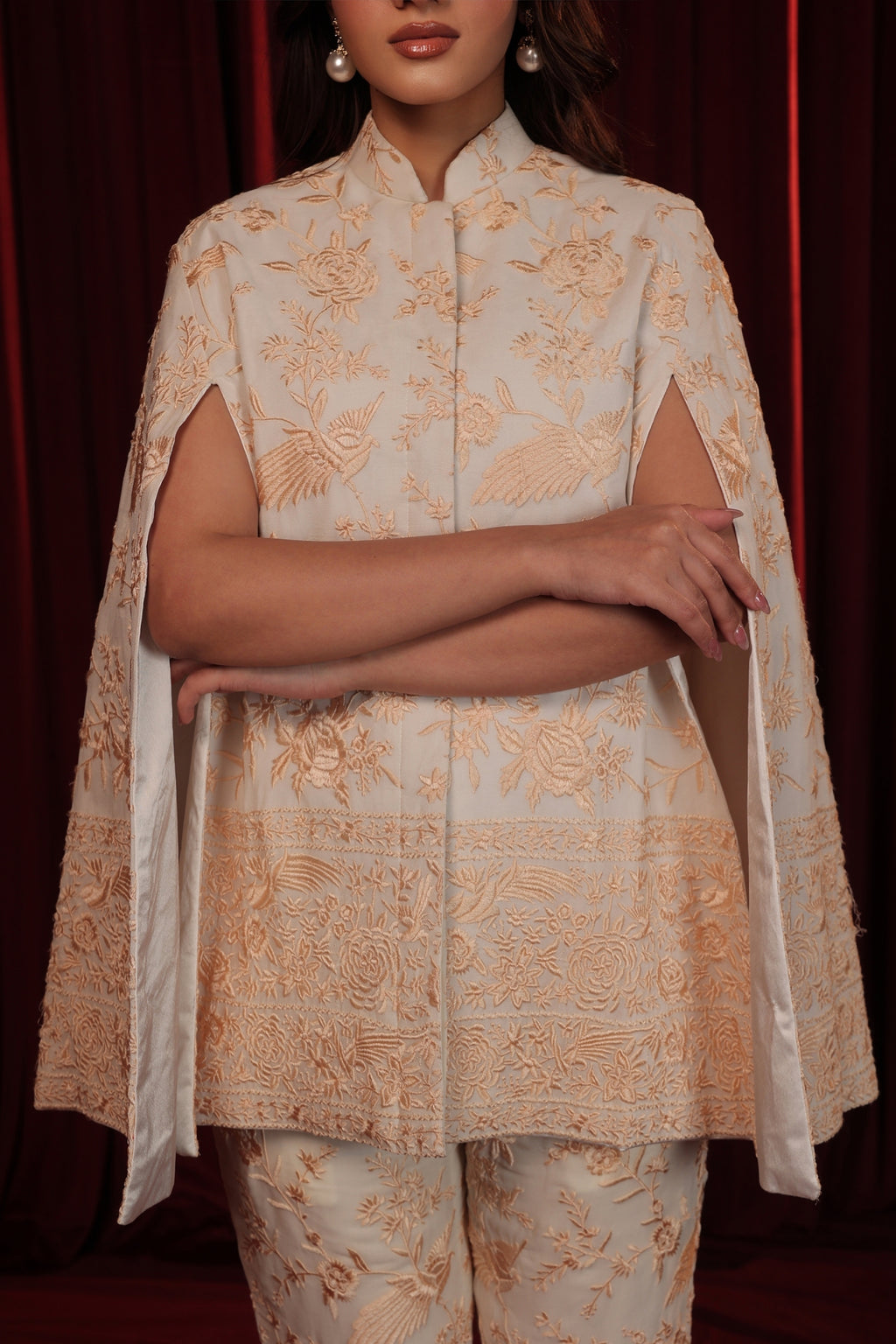 RUHAB GARA EMBROIDED CAPE COORD SET - WHITE