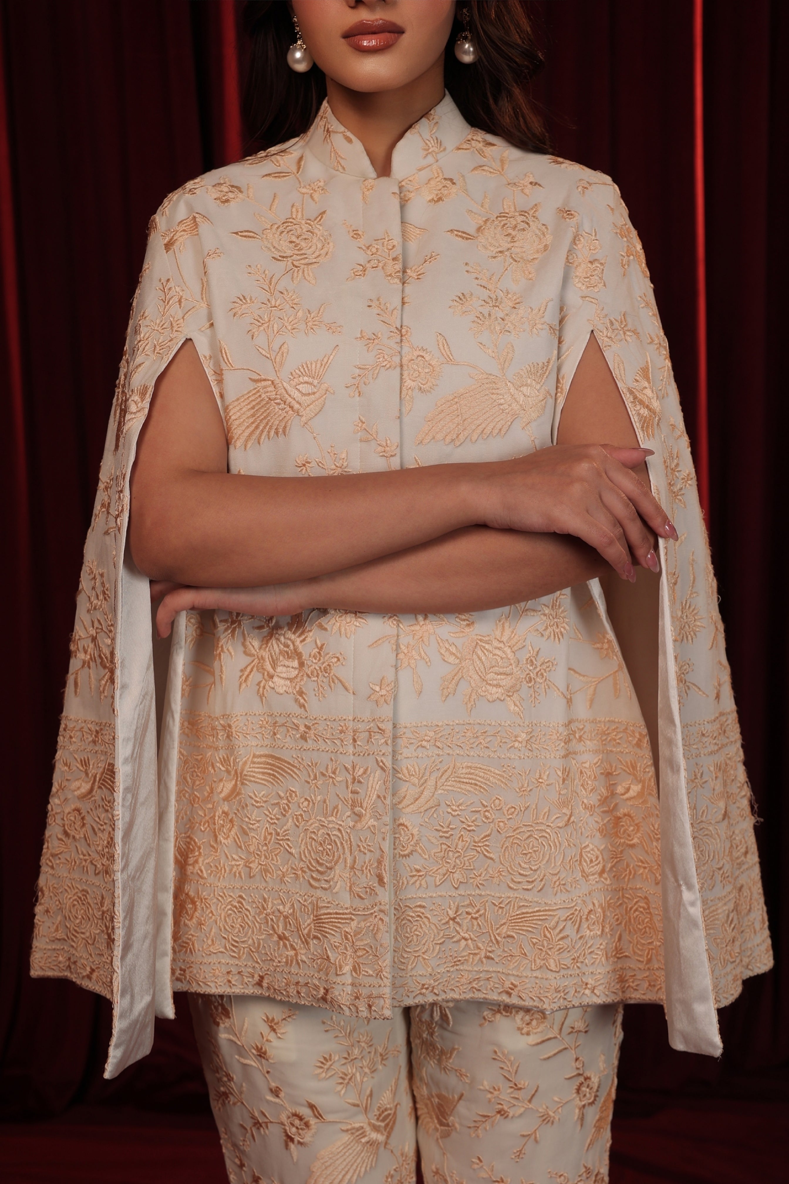 RUHAB GARA EMBROIDED CAPE COORD SET - WHITE