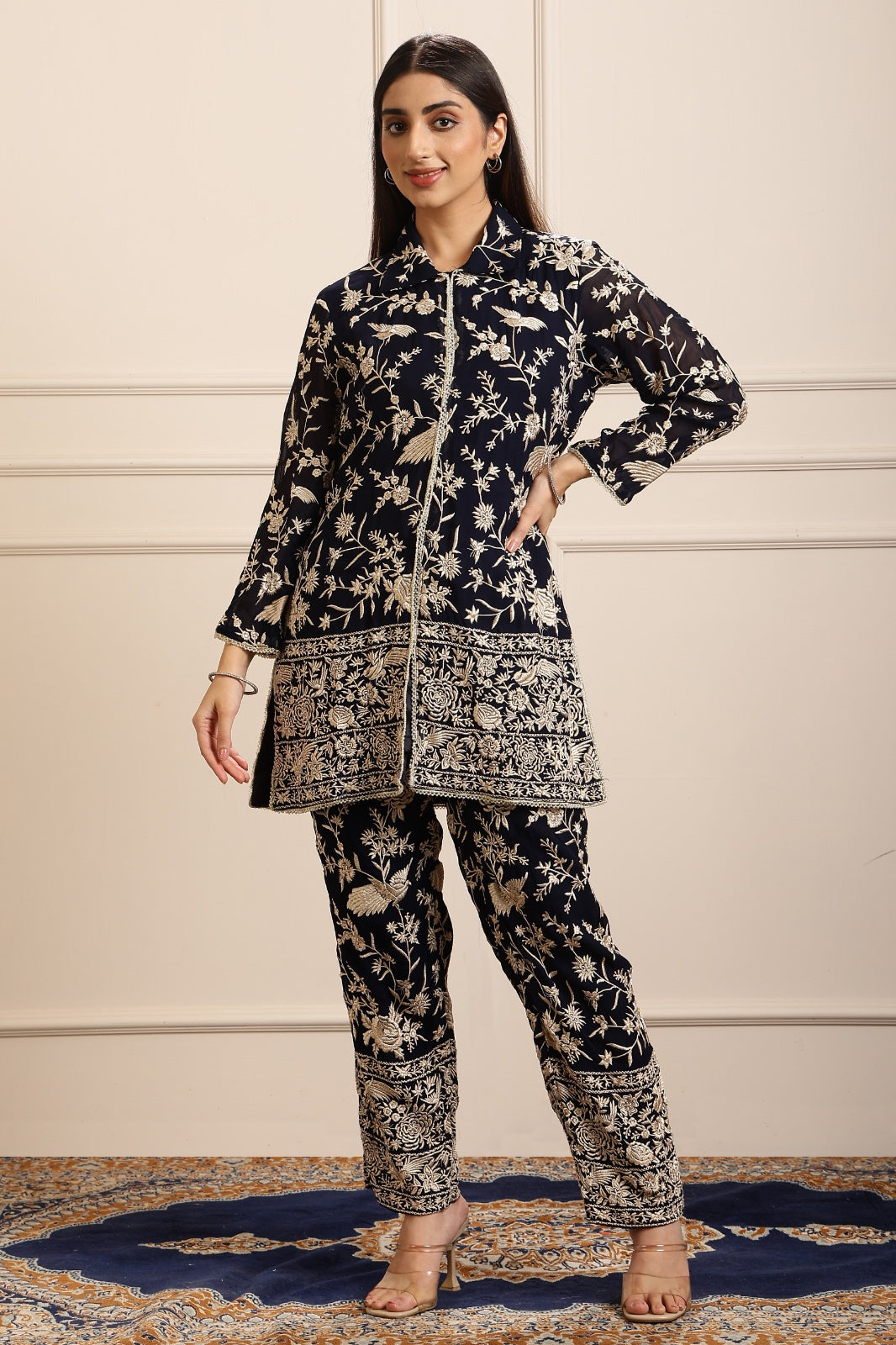 RUHAB GARA EMBROIDED JACKET COORD SET - BLACK
