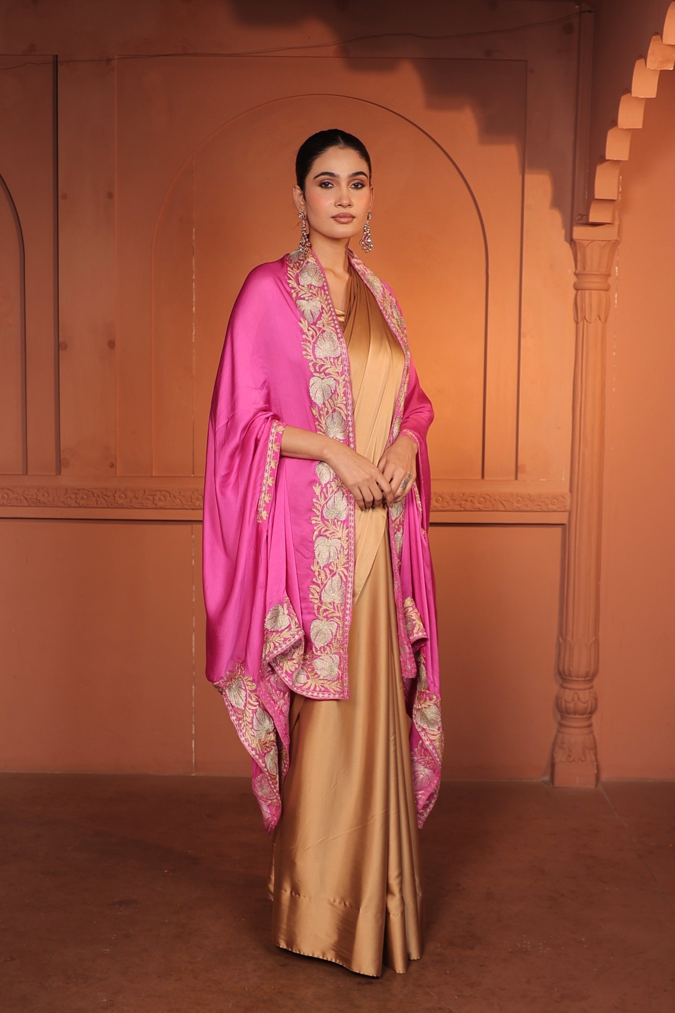 RUH SATIN TILLA EMBROIDED CAPE - PINK