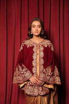SHAHEEN VELVET TILLA EMBROIDED CAPE - MAROON