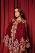 SHAHEEN VELVET TILLA EMBROIDED CAPE - MAROON