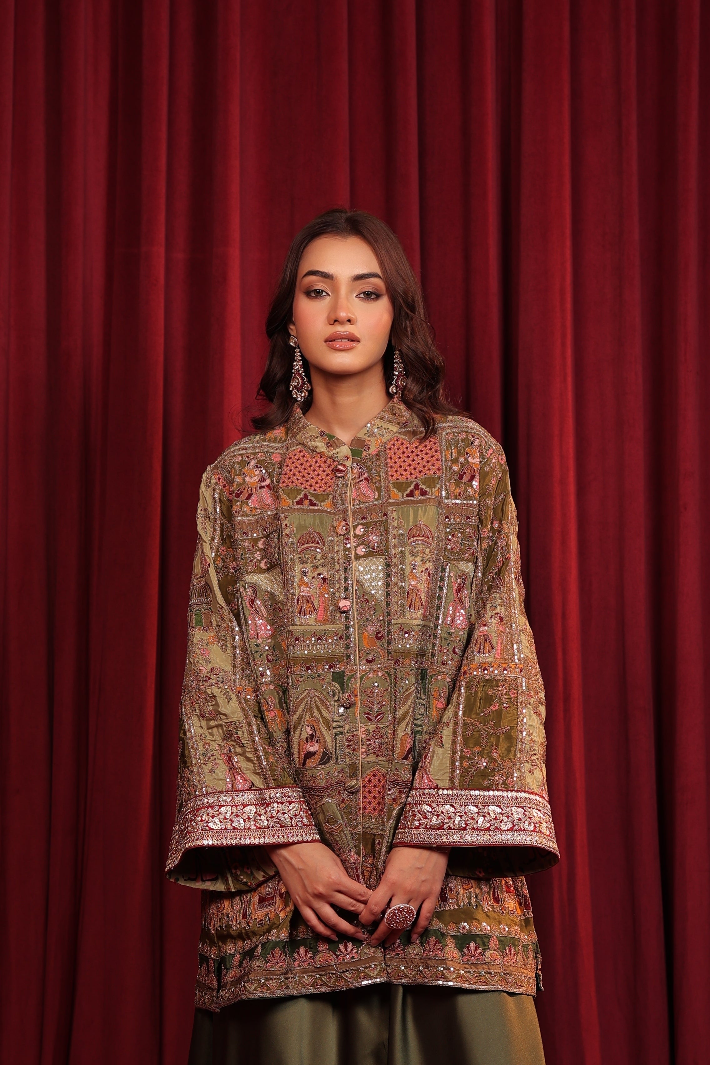 SHEEN EMBROIDED JACKET SET - GREEN