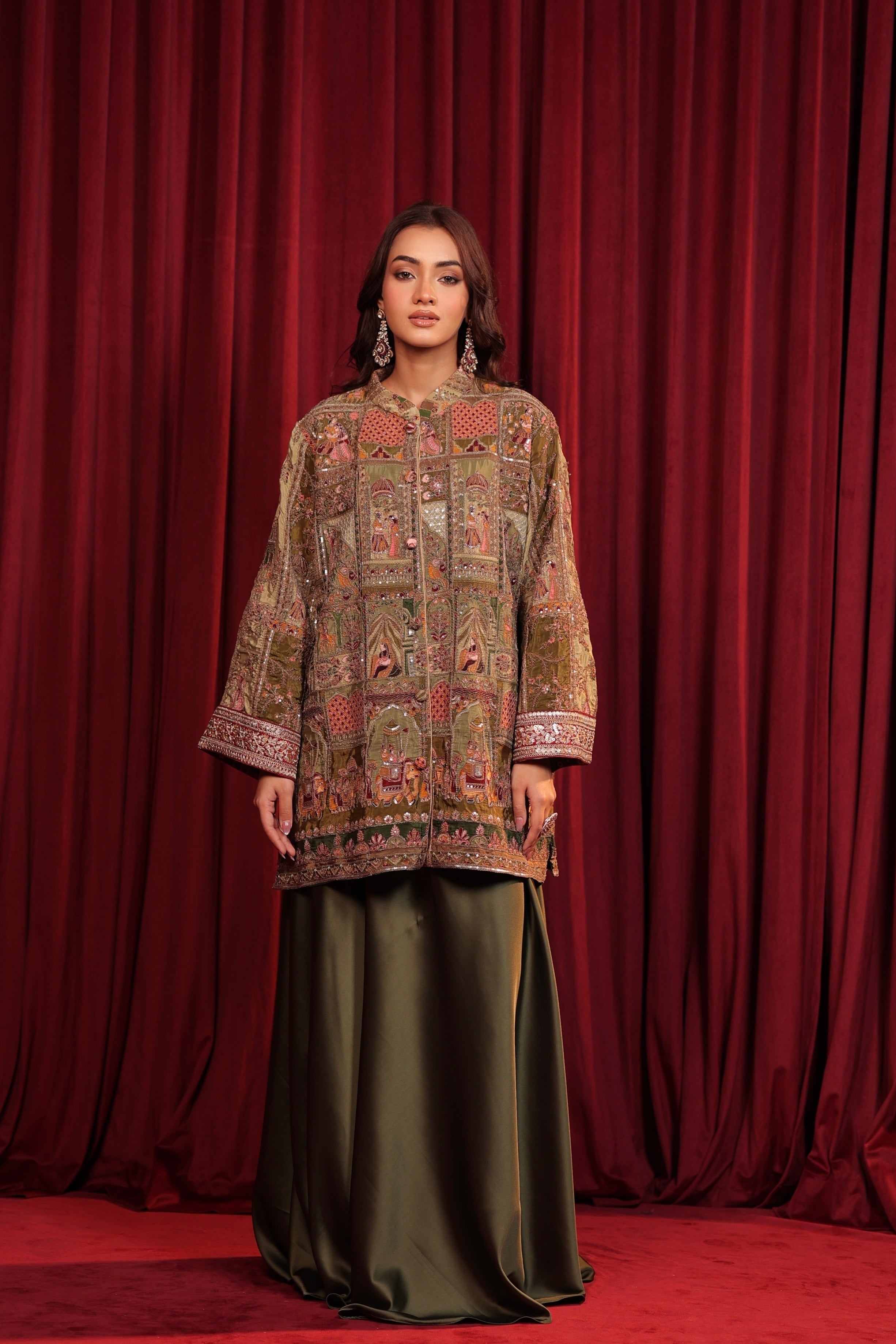 SHEEN EMBROIDED JACKET SET - GREEN