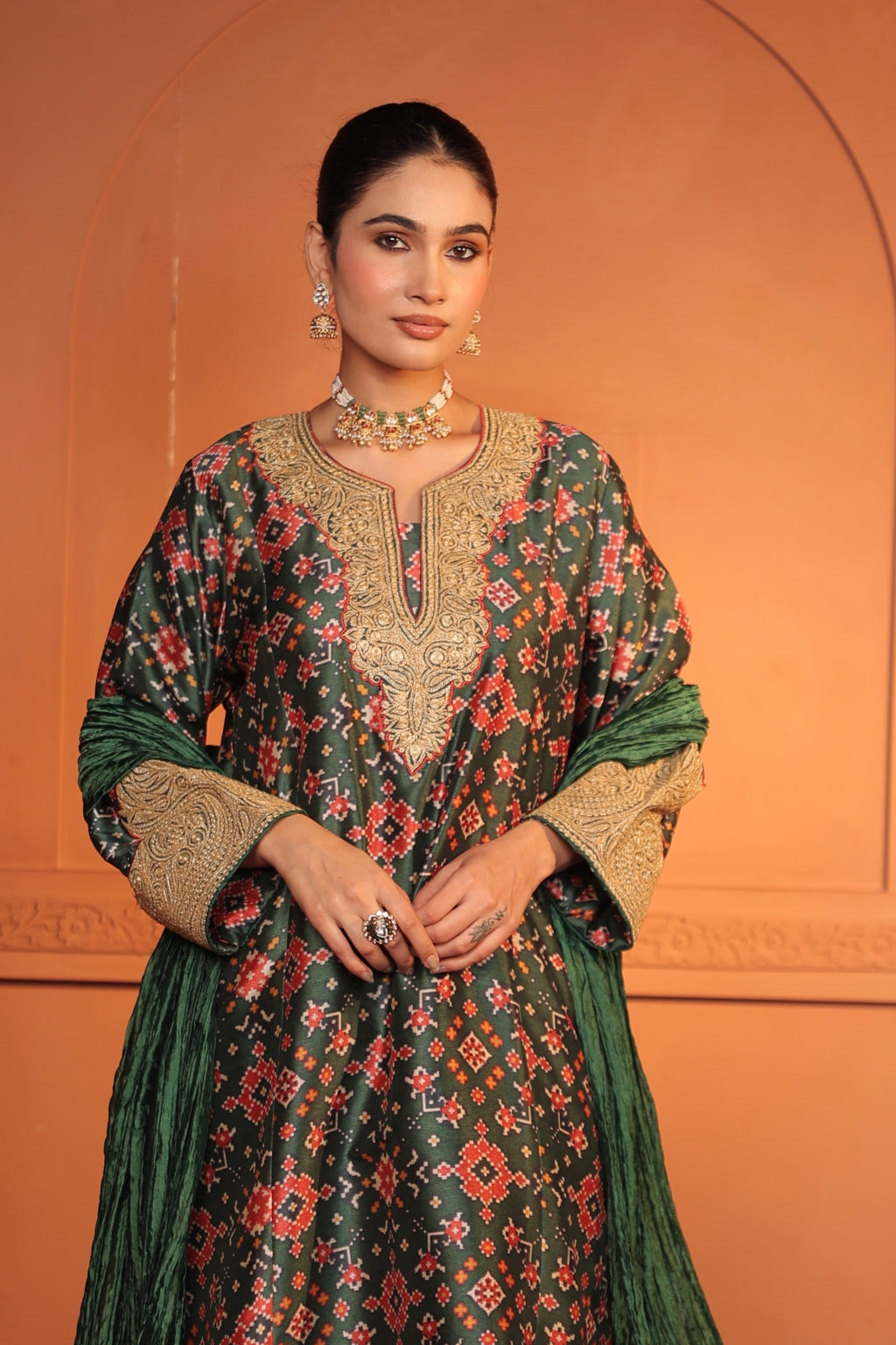 ZIA TILLA EMBROIDED PATOLA KURTA SET - GREEN