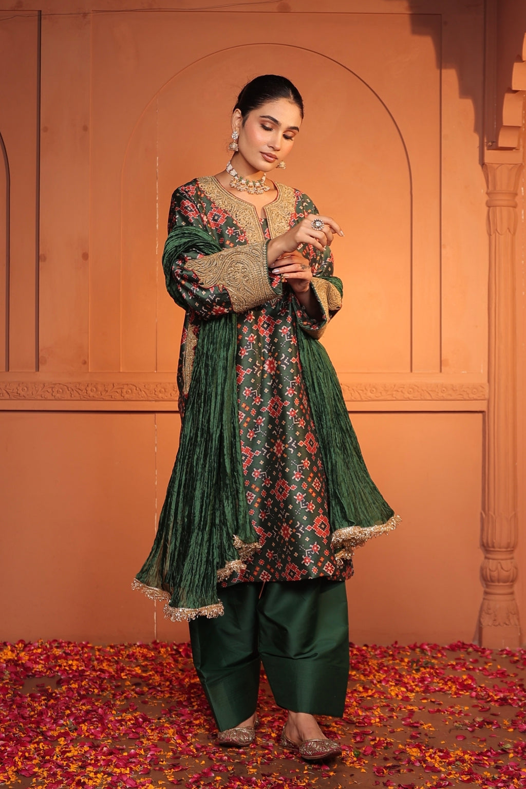 ZIA TILLA EMBROIDED PATOLA KURTA SET - GREEN
