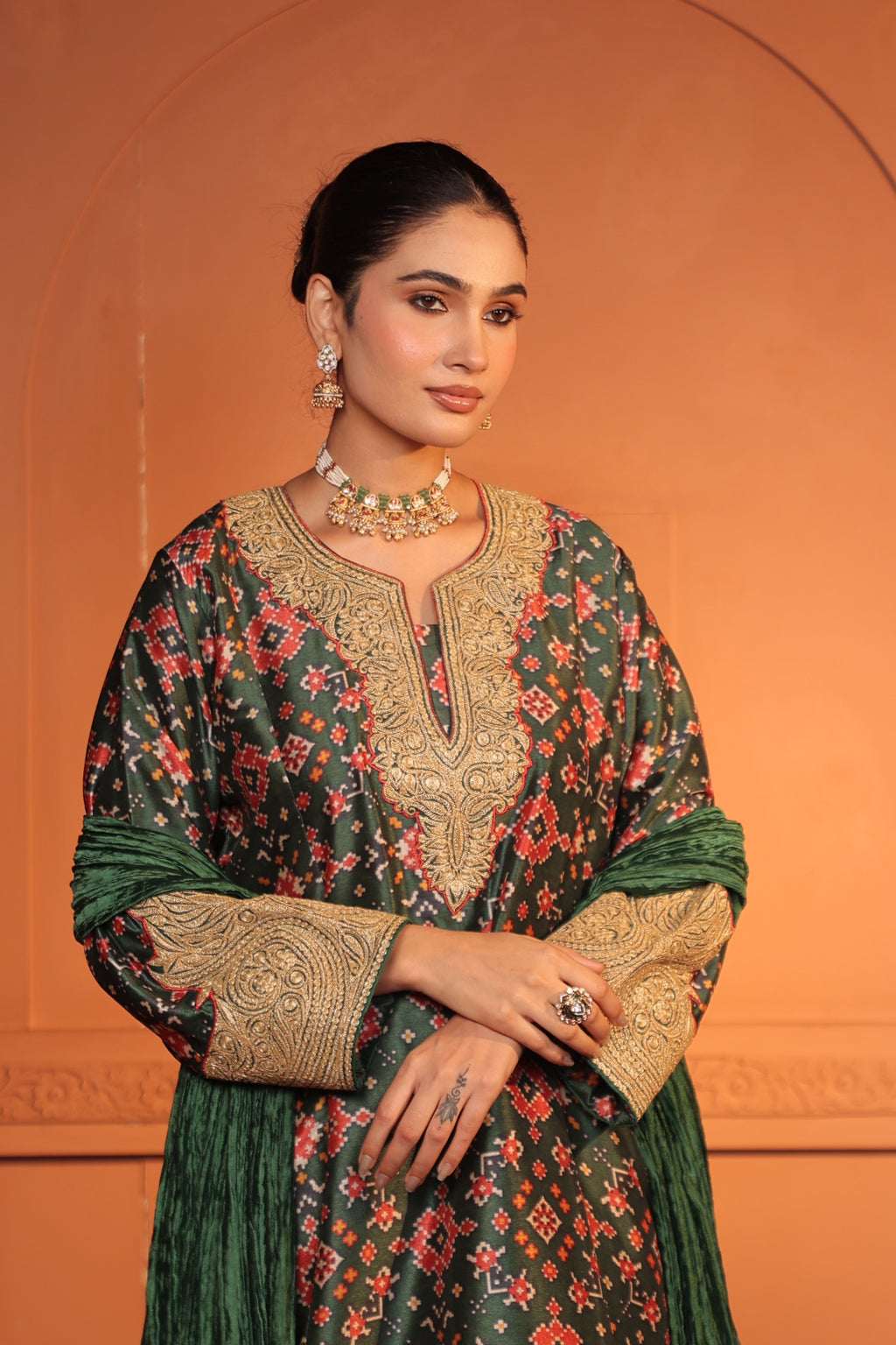 ZIA TILLA EMBROIDED PATOLA KURTA SET - GREEN