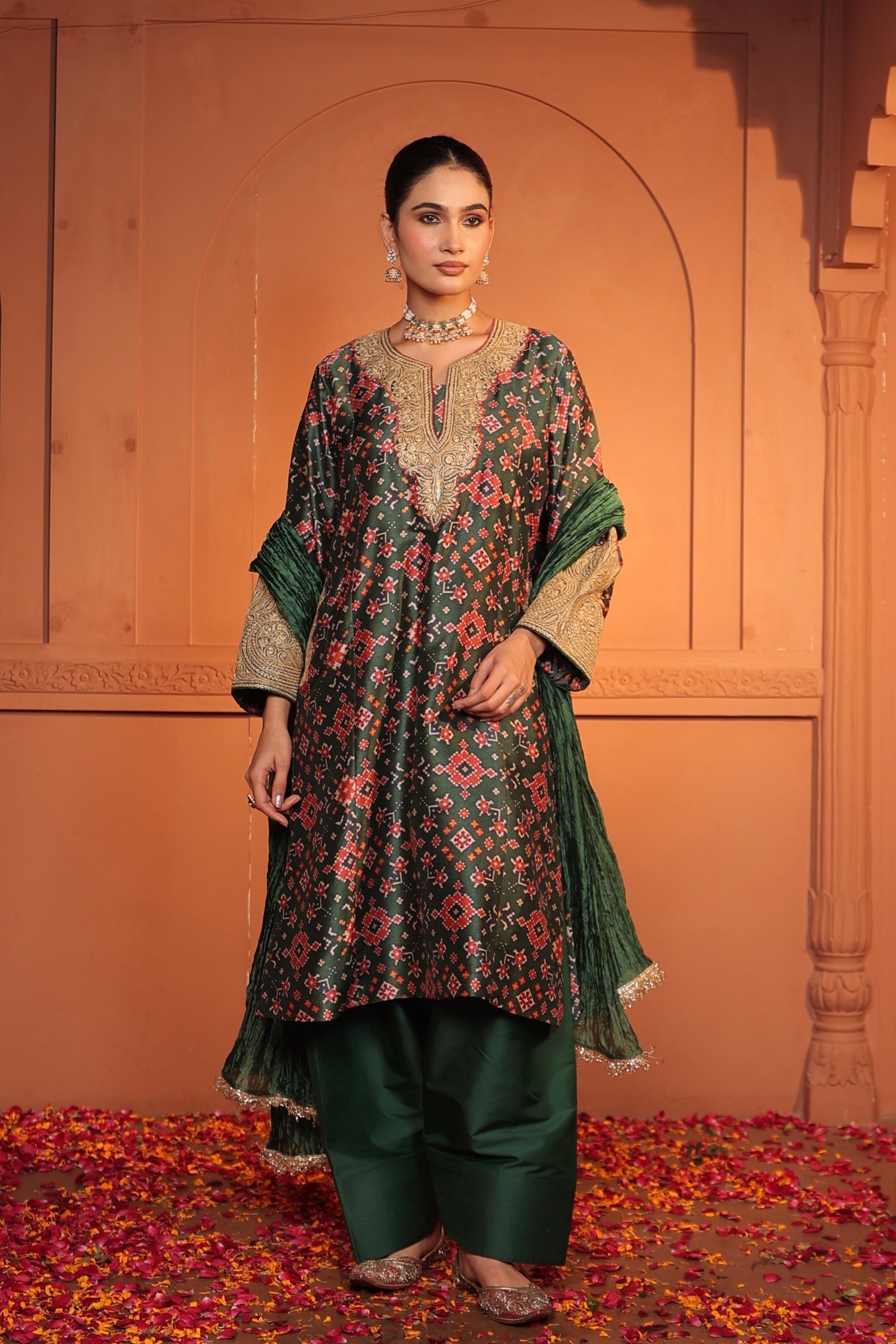 ZIA TILLA EMBROIDED PATOLA KURTA SET - GREEN
