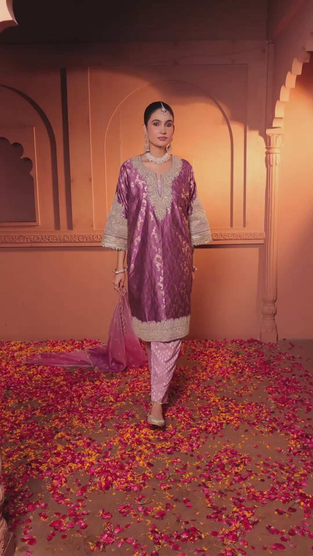 MEHER BROCADE TILLA EMBROIDERED KURTA SET - PURPLE